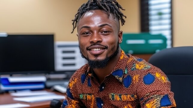 A man with dreadlocks is smiling in front of a desk with a computer monitor and a keyboard