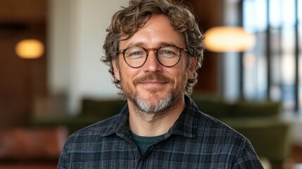 A man with glasses and a beard is smiling for the camera. He is wearing a plaid shirt and a green sweater