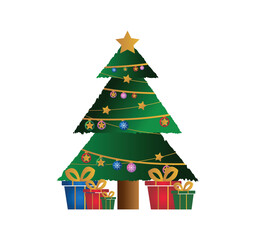 Decorated Christmas Tree with Ornaments, Golden Stars, and Gift Boxes, Christmas Tree Clipart Decorated with Ornaments
