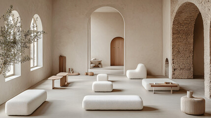 A minimalist living room featuring a simple and tidy layout with compact furniture in white and beige tones. Natural light fills the space, creating an airy, tranquil atmosphere enhanced by high-quali