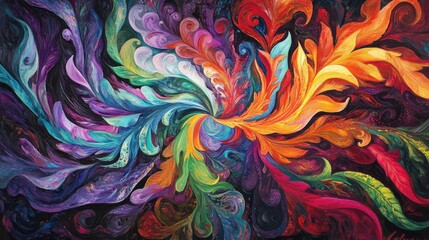A swirling, colorful abstract scene where gradients of intense hues blend together, creating a visual explosion of energy. The composition moves with a sense of fluidity and dynamic motion.