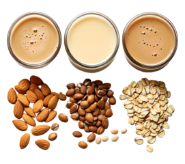 Plant based milk ingredients almond, soy, and oats isolated on transparent background