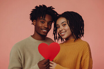 Valentine's Day, Loving Young Interracial Couple Embracing, Touching Foreheads, Holding Red Heart-Shaped Card, Gazing at Each Other, Isolated on Pink Background, Soft Shadows.