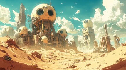 A vast desert with disassembled mechanical parts scattered across the sand, while giant eyes rise from the dunes, and the sky is filled with distorted, melting buildings.