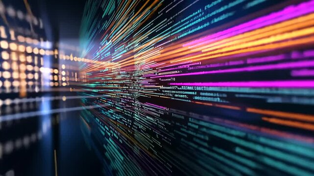 A close-up of a high-resolution monitor displaying colorful lines of code in a dark-themed IDE, glowing in a sleek and modern software development workspace with LED accents.