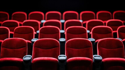 Fototapeta premium Empty Red Velvet Seats in a Modern Cinema Theater Rows of Comfortable Chairs Ready for Moviegoers
