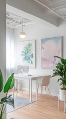A boutique real estate office with soft pastel interiors and a white frame adding modern contrast.