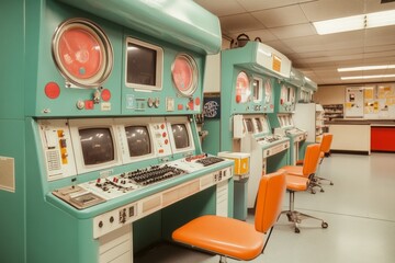 A vintage-style computer laboratory with old CRT monitors and early internet-era technology