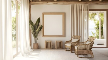 Fototapeta premium A breezy beachside villa with natural wooden tones, soft linen curtains, and a blank framed canvas.