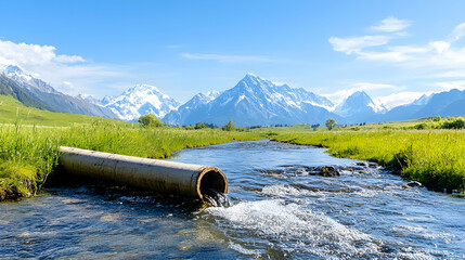 Mountain Stream with Pipe & Water Flowing Serene natural view for environmental reports, nature guides, or travel blog illustrations