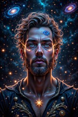 Mystical young man with cosmic symbols and bright aura posing against a mesmerizing starry background