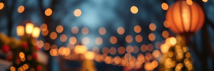 Warm festival evening with twinkling lights in a blurred background, celebratory mood, lively scene, joyful energy