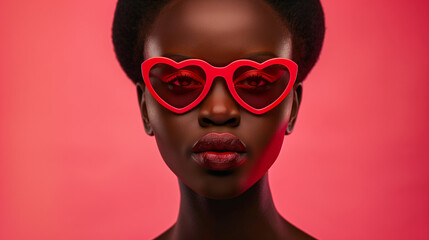 Beautiful portrait of an African girl in sunglasses in the shape of hearts, Valentine's Day, Symbol of love