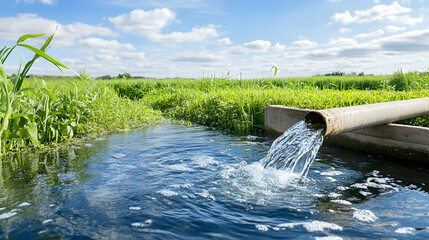 Pipe discharging clean water into a ditch in a verdant field under a blue sky with clouds. Ideal for environment and agriculture