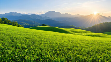 Fototapeta premium Radiant sunrise over green hills near mountains. Concept peace, travel destination, promoting serenity and natural beauty in landscape photos