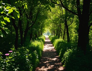 Fototapeta premium Luminous Pathway Through a Vibrant Garden of Butterflies and Blossoms