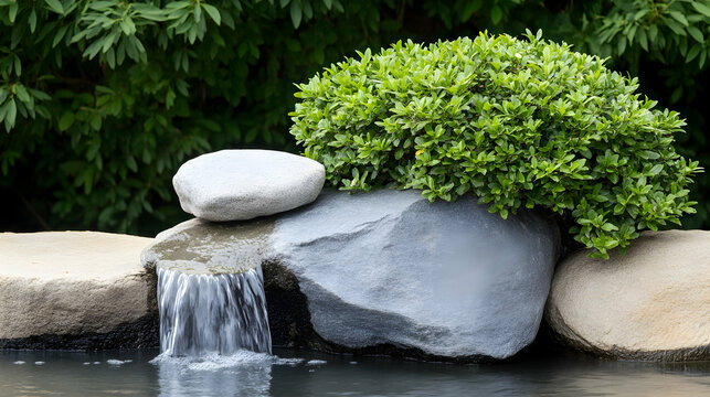 Small backyard waterfall cascade over smooth rocks with greenery, ideal for promoting relaxation or home improvement in outdoor spaces