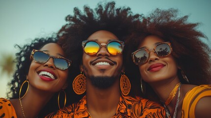 Three people with curly hair and sunglasses are smiling for the camera. The man is wearing a shirt with a tree pattern and the women are wearing earrings. Scene is happy and fun