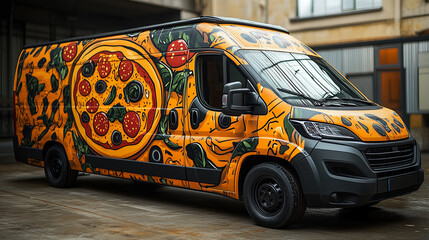 Vibrant Pizza Design Delivery Van with Playful Graphics in Studio Setting