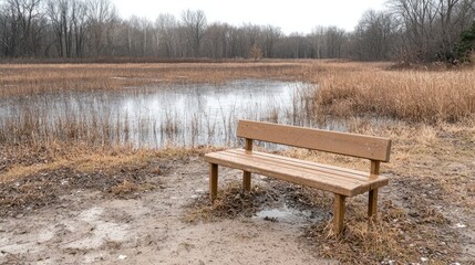 Park bench overlooking winter wetland, nature reserve