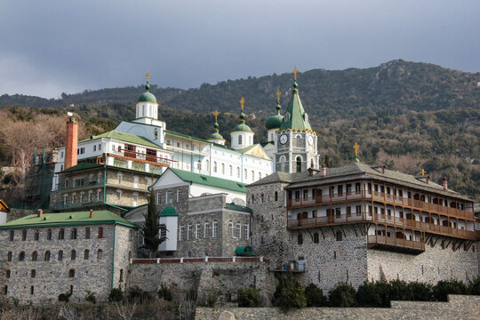 Best places to visit in Greece. Traveling and pilgrimage to the Orthodox places of Athos. Panoramic view of Russian St. Panteleimon's Orthodox monastery at Mount Athos