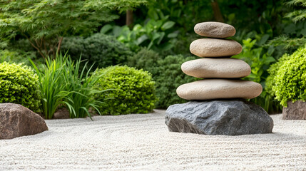 Stacked stones in zen garden for meditation surrounded by plants and raked sand for a peaceful atmosphere, wellness or spiritual practice