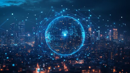 Obraz premium Futuristic Cityscape with Digital Network Overlay