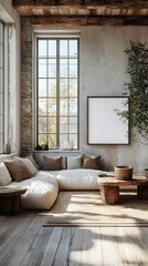 A bright, spacious loft apartment with minimalist furniture and a single white frame.