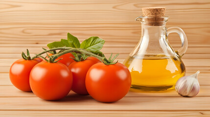 Still life of tomatoes, basil, olive oil, and garlic on wood, for cooking, advertising, or recipe illustrations
