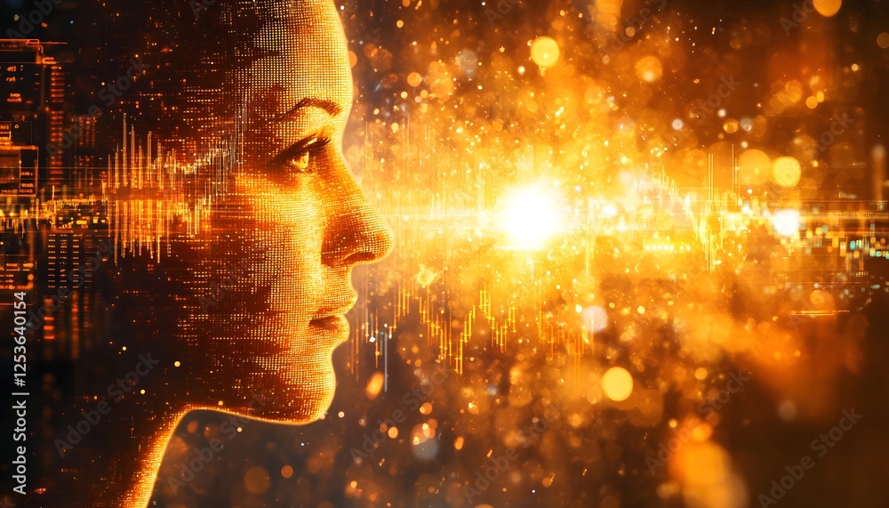 Aufkleber profile of a woman surrounded by digital glows and data patterns