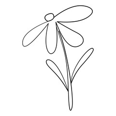 Simple Floral Line Drawing with Single Bloom. Minimalist doodle vector black and white line art illustration of single flower with a curved stem.