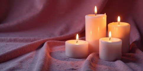 Softly glowing candles on a worn suede background, peaceful, glow