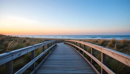 Fototapeta premium A peaceful wooden boardwalk leading through lush coastal dunes to the ocean, with a stunning sunset sky. Perfect for travel, relaxation, and nature themes.