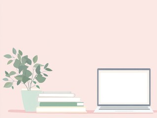 Cozy workspace with laptop and books on soft pink background