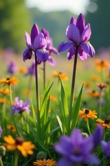 Purple Fritillaria flowers blooming in a field with other wildflowers, colorful fields, garden features