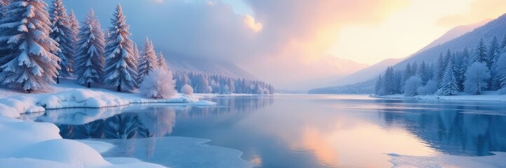 Icy landscape with a frozen lake and snow-covered trees, peaceful ambiance, serene scenery