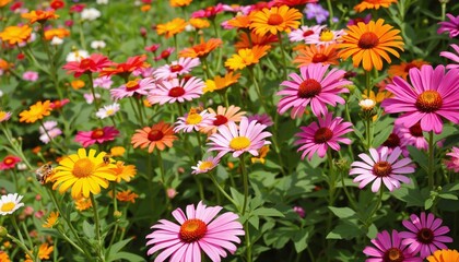 A colorful summer garden alive with flourishing flowers and busy bees.