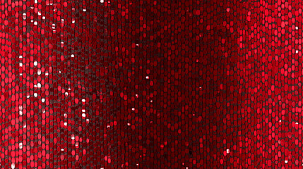A seamless continuous red glittery pattern with shiny texture and sparkling surface ideal for design, featuring a red sequin fabric backdrop, red sparkles, and a shimmering red wall or wallpaper
