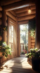 Fototapeta premium A cabin’s sunlit entrance with wooden textures, potted plants, and a white frame.