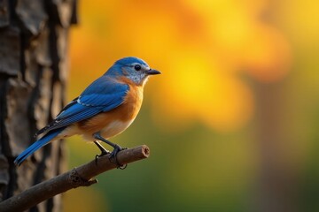 Obraz premium Tiny bluebird on a tree branch with golden hues of autumn, bluebird, nature, wildlife