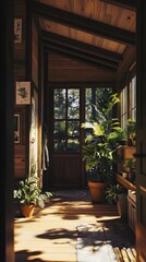 Fototapeta premium A cabin’s sunlit entrance with wooden textures, potted plants, and a white frame.