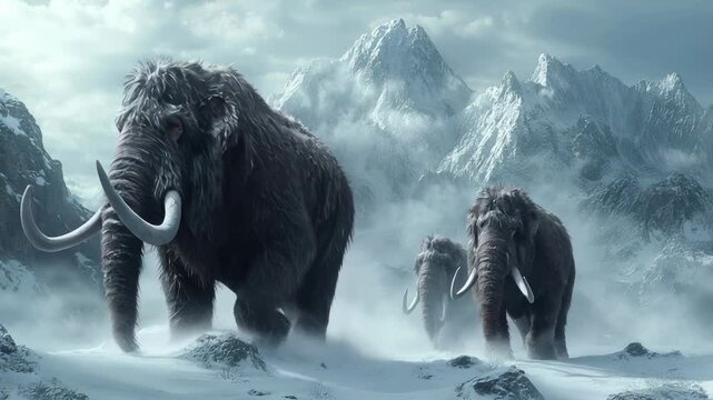 Woolly mammoths trek through snowy mountains in prehistoric winter landscape. Concept of snow, extinct animals, ice age. Generative AI