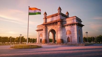 a grand, ornate archway bathed in the warm hues of either sunrise or sunset. Atop the arch, an Indian flag flutters gracefully, its vibrant saffron, white, and green colors standing out