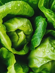 Fototapeta premium Fresh, vibrant green lettuce leaves with water droplets, showcasing healthy produce, organic farming, and fresh food concept
