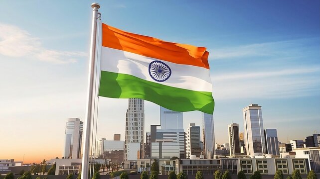  Indian national flag, Tiranga, waving against a backdrop of a city skyline at either sunrise or sunset, with warm lighting casting a soft glow. The flag&rsquo;s vibrant saffron, white, and green colors 