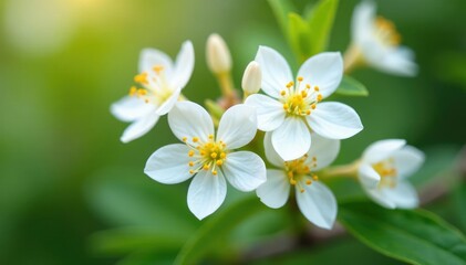 Obraz premium Delicate white flowers with yellow pollen on a bush, europe, white flowers
