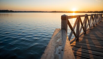 Obraz premium A peaceful wooden pier with a rustic railing overlooking a calm lake at sunset. Tranquil waters reflect the warm golden light, creating a relaxing and scenic view.