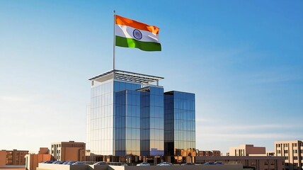 modern building with a reflective glass facade, topped by a flagpole flying the Indian national flag. The clear blue sky suggests it is daytime. The contemporary architecture of the building hints