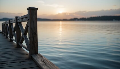 Fototapeta premium A peaceful wooden pier with a rustic railing overlooking a calm lake at sunset. Tranquil waters reflect the warm golden light, creating a relaxing and scenic view.