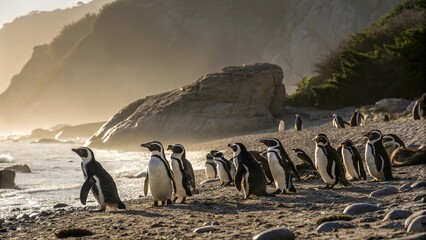Naklejka premium penguin colony on the beach